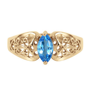 14K. SOLID GOLD FILIGREE RING WITH NATURAL BLUE TOPAZ (Yellow Gold)